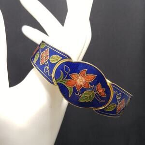 Vintage Cloisonne Blue Enamel Red Flower Bracelet, Hinged, 1970s, 7 Inches